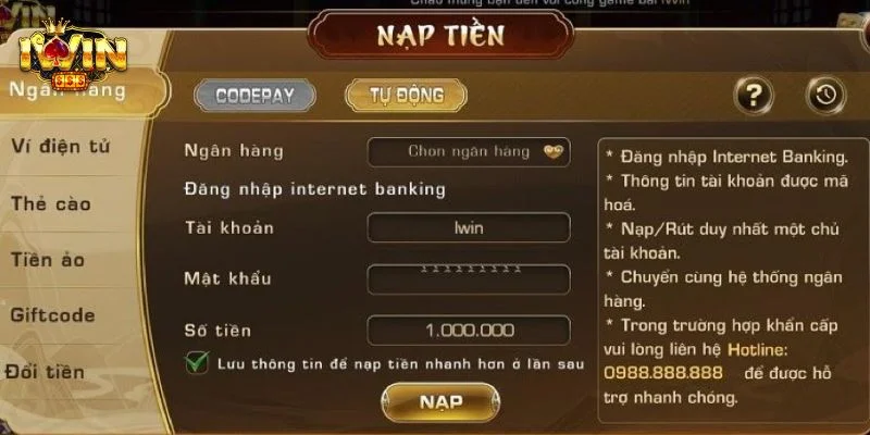 IWIN - Tải IWINCLUB IOS/APK Chơi Game Bài Nổ Hũ Siêu Mượt 22 Quy trình nạp tiền tại trang chủ IWIN được thực hiện rất dễ dàng.