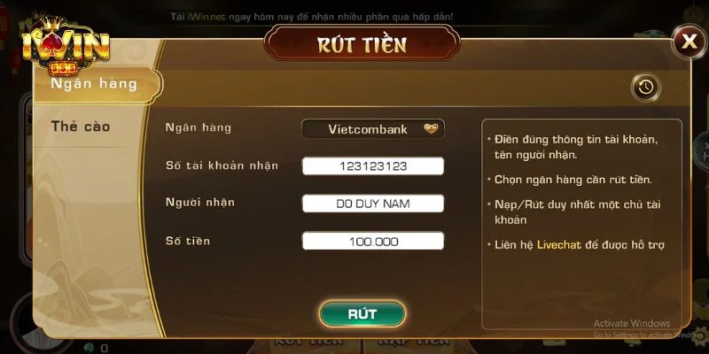 IWIN - Tải IWINCLUB IOS/APK Chơi Game Bài Nổ Hũ Siêu Mượt 23 Thao tác rút thưởng tại nhà cái IWIN được thực hiện nhanh gọn.